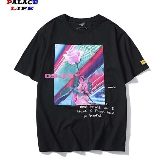 Men Hip Hop Letter rose print T Shirt 2020 Streetwear Cotton High Quality Summer Harajuku Tee Couple Top