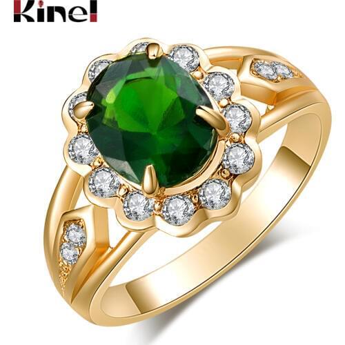 Hot 2021 Fashion Oval Green Gem Ring Gold Color Mosaic White Crystal Beautiful Woman Accessories Wholesale