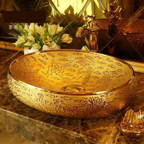 Ceramic Washbasin Oval Jingdezhen Bathroom ceramic sink wash basin Porcelain Counter Top Wash Basin Bathroom Sinks golden/silver