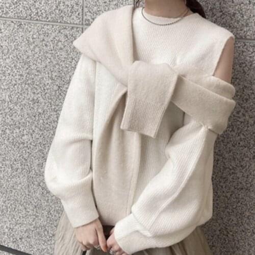 Fashion Fake Two Piece Patchwork Tie Knit Sweater Women O Neck Long Sleeve Strapless Shoulder Sueter Spring Loose Sueter