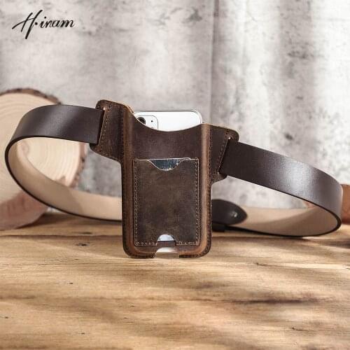 Mobile Phone Waist Bag Mens Belt Fanny Running Pocket 100%Cow Leather Handmade Cellphone Waist Bag Loop Holster Outdoor Sport