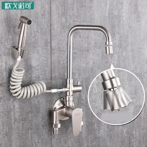 Exposed install Wall mounted kitchen sink faucet has shower spray gun double holes rotate tap
