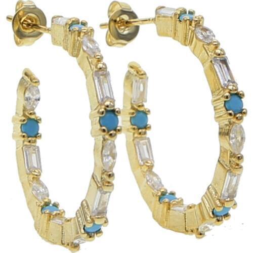 White cz Blue Turquoises stone paved cz cluster Circle Hoop earring for women Gold geometric earrings