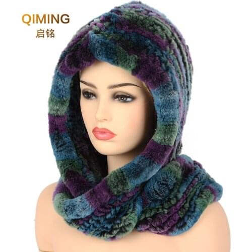 Hat Women New Knitted Real Rex Rabbit Fur Hat Hooded Scarf Winter hats for Woman Cap Warm Natural Fur Hat With Neck Scarves