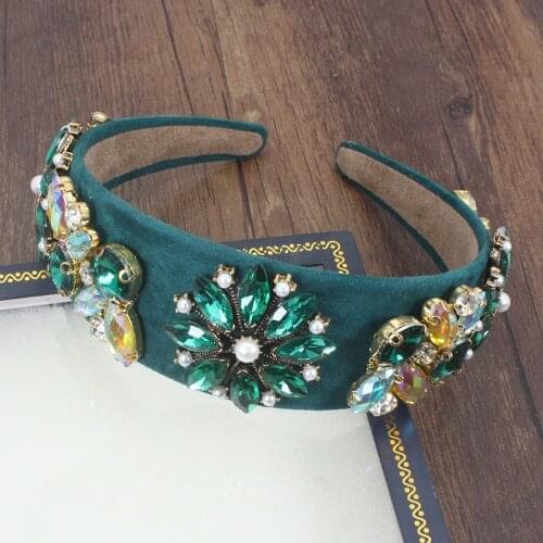 Wide European Vintage Hair Accessories Luxury Green Crystal Baroque Hairband Elegant Rhinestone Diamante Headband For Women