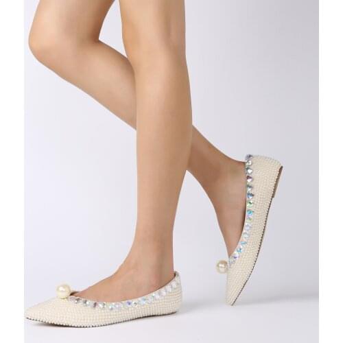 Handmade Wedding Shoes Flat Bottom Pointed Toe Shallow Mouth Flats Single Shoes String Bead Pearl Dinner Party Shoe White Flats
