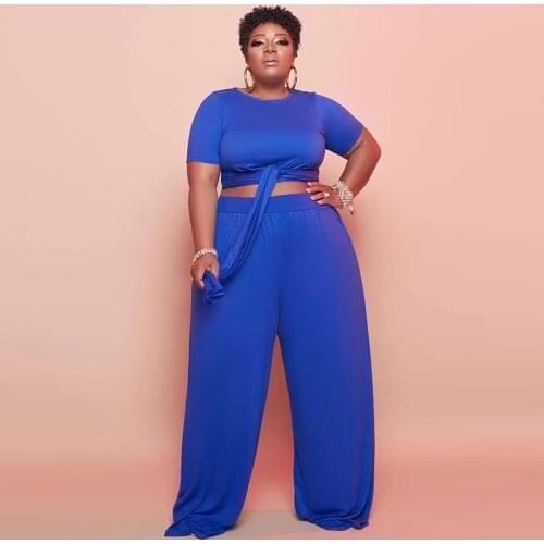 ZJFZML ZZ Women Clothing 2 Piece Set Plus Size Short Sleeve Crop T-shirt+tied Up Wide Leg Trouser Suit Dropshipping Wholesale
