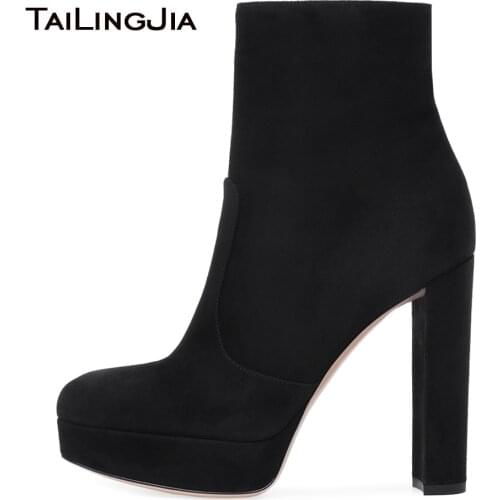 Women Black Faux Suede Platform Chunky Heel Ankle Boots Round Toe High Heel Booties Ladies Winter Short Boots with Zipper 2018