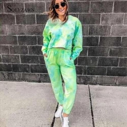 Plus Size Autumn Green Tie-dye Sportswear Tracksuit Women Crop Top + Track Pants Set Sweatpants Matching Sets Outfits Streetwear