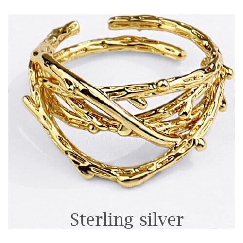 Chic 925 Sterling Silver Exaggerated Golden Irregular Gothic Adjustable Open Rings for Women Birthday Party Jewelry Gifts SR235