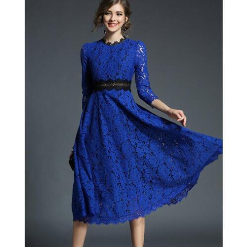 Womens European fashion spring autumn long sleeve round neck lace dress female vintage high waist belt dress TB979