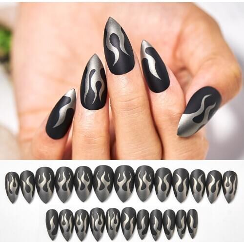 24pcs Fake Nails with Glue Flame Style False Full Cover Nail Tips Marble Design Nails Accessories Nail Art Tool
