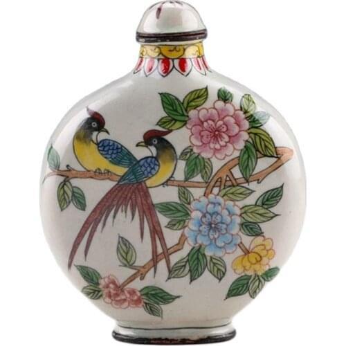 China Cloisonne Hand-Painted Bird & Flower Snuff Bottles W Qianlong Mark