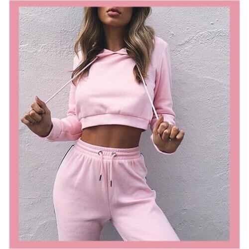 2020 Pink Summer women Ropa Mujer hooded umbilical Short Hooded Sweatshirt Striped Pants Set Two Piece Tracksuit Womens Clothes