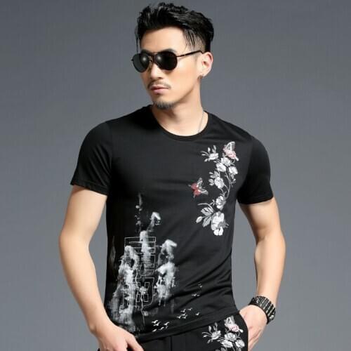 Summer Mens Short Sleeve T-shirt Black Print Cotton Slim Fit Top Big Size M-XXXXL B45