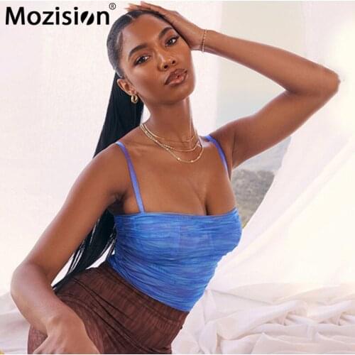 Mozision Double Layer Mesh Bodysuit For Women Spaghetti Strap Sexy Backless Rompers Ladies Summer Party Club Playsuit Top