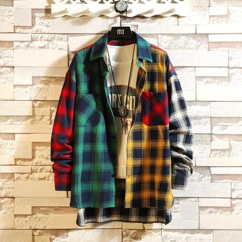 Spring Personality Korean Version of The Trend of Color Matching Plaid Shirt Mens Casual Hip Hop Loose Long-sleeved Shirt