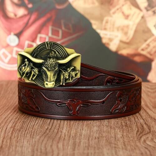 Western cowboy mens leather retro belt domineering bull head buckle leather belt pattern retro leather belt