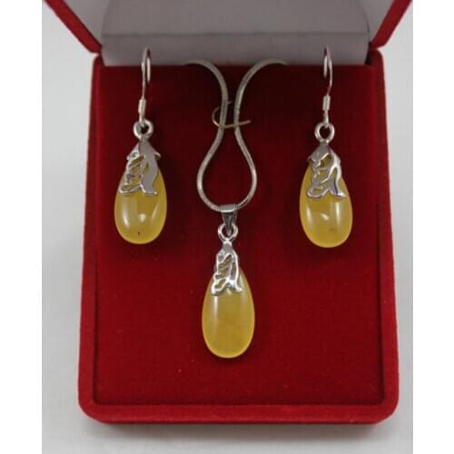 Free Shipping wholesale ladys lovely yellow silver plated waterdrop pendant & earring jewelry set