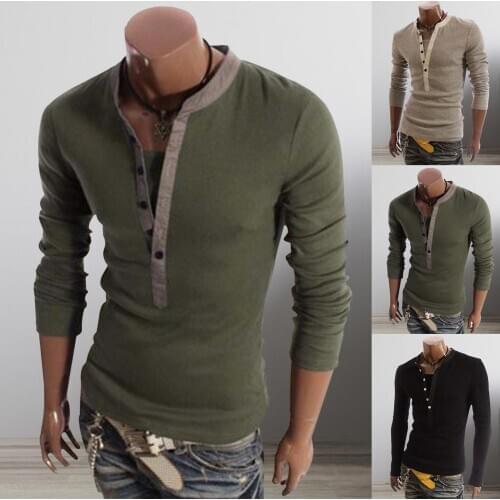 New T-Shirt Men Spring Cotton T Shirt Men Solid Color Tshirt Single-breasted Collar Long Sleeve Top Men Slim Tee Fit Shirts 3XL