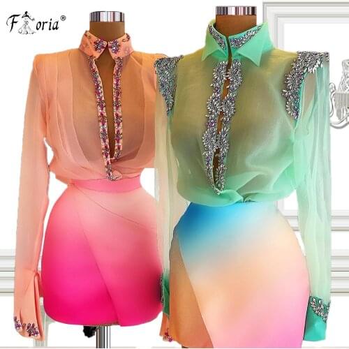 New Arrival Short Crystals Prom Dress 2021 Two Piece Set Homecoming Dresses Long Sleeve Blouse and Tie Dye High Waist Mini Skirt