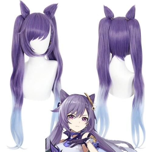 Keqing Cosplay Wig Anime Game Genshin Impact Halloween Costumes Gradient Purple Heat Resistant Synthetic Hair Role Play Props