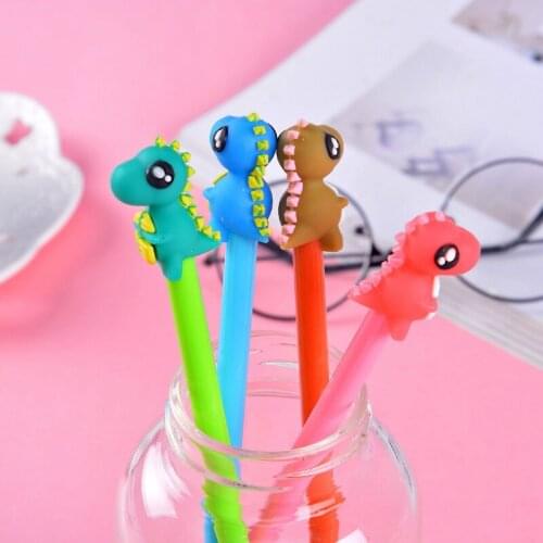 12 Pcs Creative Stationery Dinosaur Silica Gel Head Neutral Pen Cute Cartoon Learning Office Signature Straight Wholesale