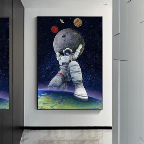 Modern Art Funny Astronaut Holding The Moon and Feet on Earth Canvas Paintings Poster and Prints Wall Art Picture for Home Decor