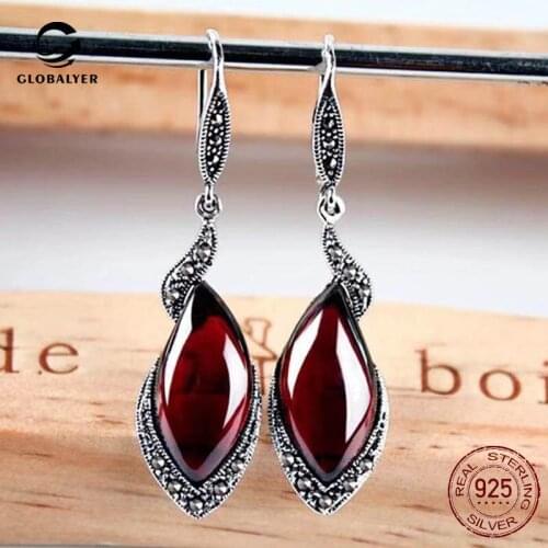 Vintage S925 silver garnet earrings Green crystal National style earring long temperament New wave to work Free shipping 346