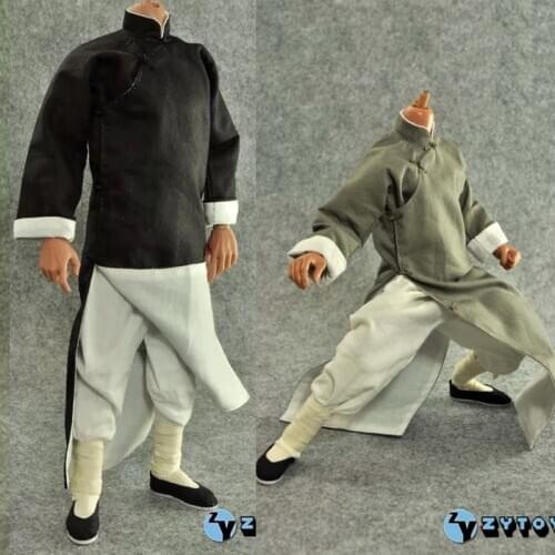 ZYTOYS 1/6 Scale Male Clothes Black Grey Chinese Kung Fu Suit Long Robe for Donnie Yen Yip Jackie Chan Bruce Action Figures