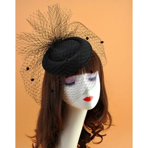 1Pc Retro Felt Hat Berets Caps for Women Topper Mesh Fishnet Veil Hair Accessories Beret Plush Wave Point Bridal Wedding Hat