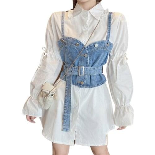 2021 New Spring Denim Denim Camis Vest White Shirt High Street 2 Piece Set Women Turn-down Collar Puff Sleeve Shirts Dress