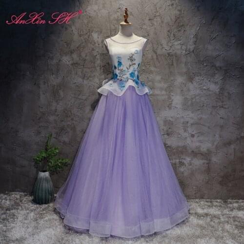 AXJFU purple lace pirncess evening dress white lace blue o neck flower purple evening dress Party ruffles Evening Dress YDY455