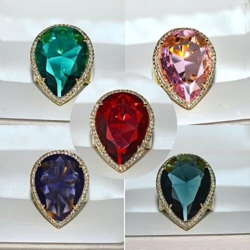 Big Water Drop Zircon Stone Purple Pink Red Green Gold Ring for Women Wedding Engagement Fashion Jewelry 2019 New