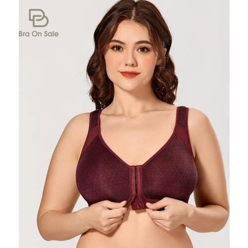 Womens Leopard Full Coverage Front Closure Posture Bra Wire Free X Back Support Non-padded Plus Size 34-48 B C D E F G