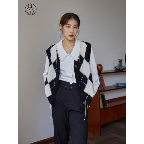 DUSHU Woman Sweaters Women Checkerboard V-neck Knitting Vests Lanyard Decoration Straight Vests All-match Retro Slim Cardigans