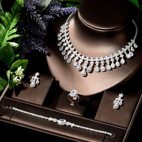 HIBRIDE Classic Zirconia Wedding Jewelry Sets Water Drop 4 pcs Necklace Earring Set for Women Anniversary Party Show bijoux N-81