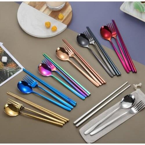 Creative 304 stainless steel Korean spoon, fork, chopstick, tableware, student portable three-piece set