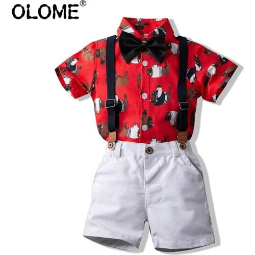 OLOME Summer Children Clothing Sets Fashion Baby Boy Shirts and Pants 2-piece Kids Bow Tie Suspenders Printed Girls Suits