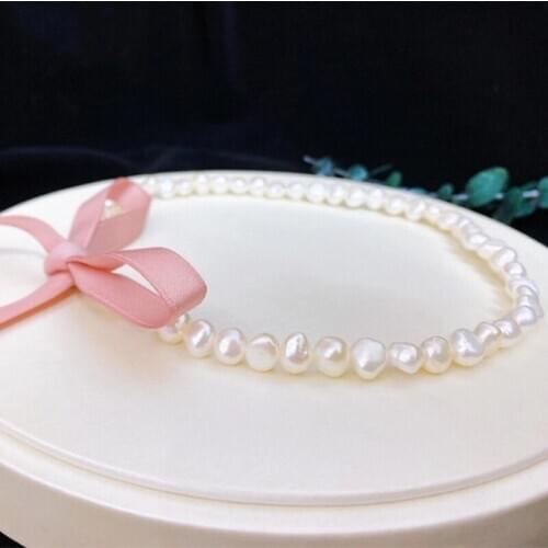 Hot sell sweet pink girl ribon bow many wear way natural white baroque pearl choker necklace can customize length gift girl