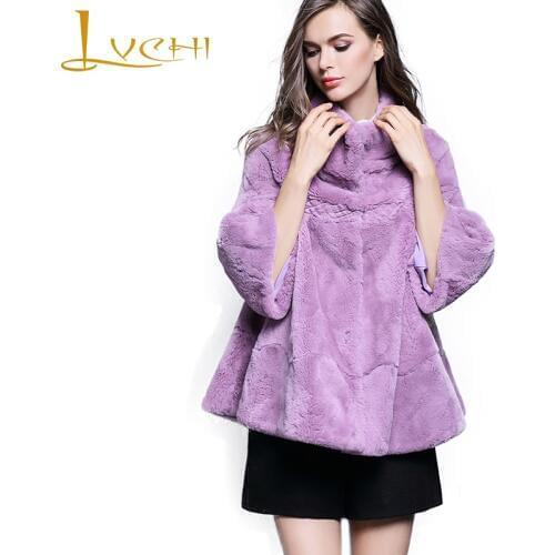 LVCHI Winter2017 Real Natural Rex Rabbit Fur Coat Womens O-Neck Three Quarter Medium Causal Office Lady Slim Draped Warm Coats