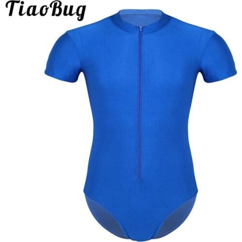 TiaoBug Men Round Neck Short Sleeve Ballet Leotard Male Front Zipper High Cut Stretchy Gymnastics Leotard Gym Bodysuit Dancewear