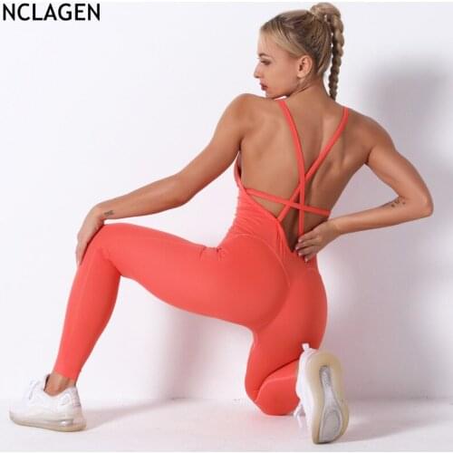 NCLAGEN Knitted Seamless Yoga Jumpsuit Fitness Women Sexy Gym Sport Workout Running Cross-Back Dry Fit Stretchy Sleeveless Suit