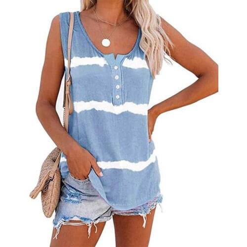 NEW Women Casual Button Sleeveless Cotton Printing T-shirt Summer Vest Loose Plus Size T-Shirt