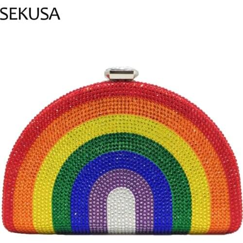New Candy Color Women Evening Bas Half-moon Small Day Clutches Rainbow Rhinestones Party Wedding Handbags