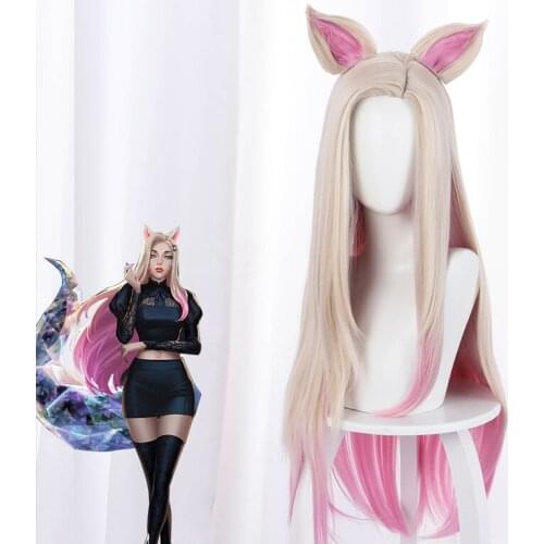 Game LOL Cosplay Ahri Wig 80cm Pink Heat Resistant Synthetic Hair Party Wigs