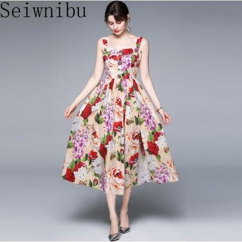 Seiwnibu High Quality Fashion Elegant Sexy Spaghetti Strap Dress Women applique floral print beach Mid-Calf dress