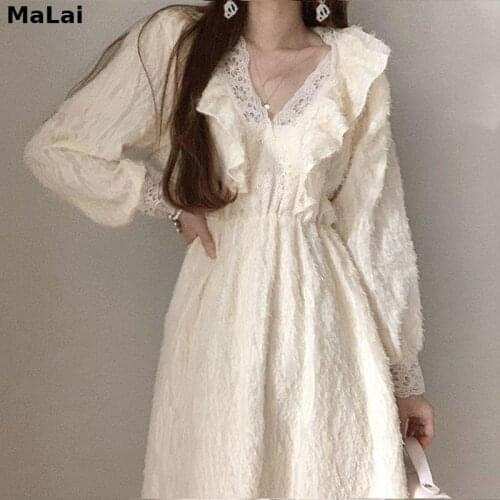 Elegant Vintage Dress Female Chic Women V-Neck Lace High Waist One Piece Dress Korean 2021 Spring Party Office Long Sleeve Dress