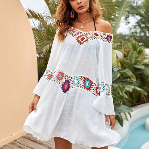Crochet Beach Cover-Ups Summer Tunic Cover Up Long Knitted Beachwear Swimsuit Ups For Women Vestido Playa Mujer White Dress 2021