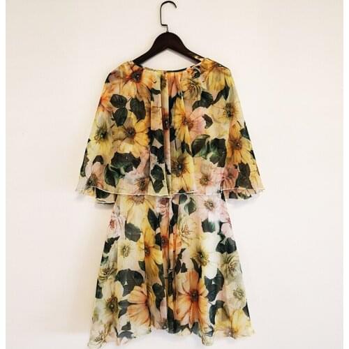 Runway Fashion Summer 2021 Flare Sleeve Yellow Flower Print Ruffles Beach Holiday Mini Dress